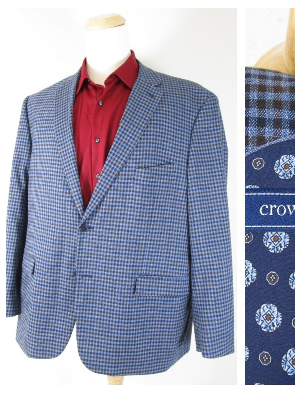 Crown & Ivy Mens Blue Gray Check Plaid Two Button Sport Coat Jacket Size 50R